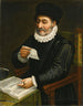 Portrait of a seated man at a table with an open book reading a letter - Giovanni Battista Trotti — artwork view