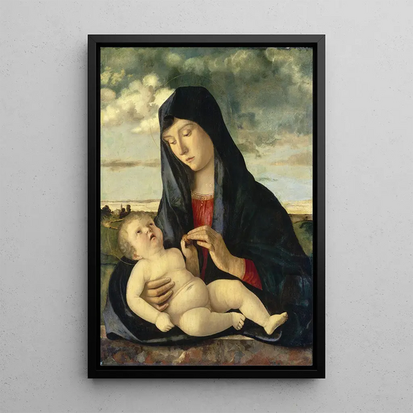 La Vierge et l'Enfant dans un paysage - Giovanni Bellini — framed artwork on a wall