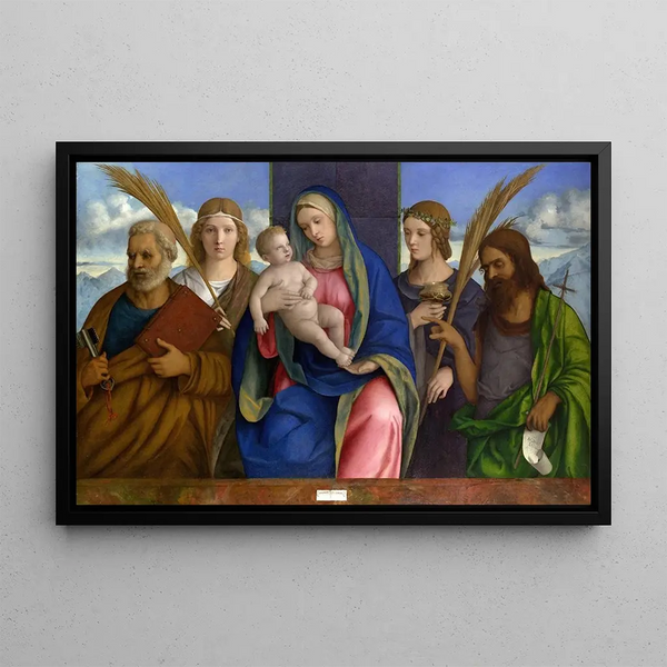 Madonna and Child with Saints - Giovanni Bellini — framed artwork on a wall