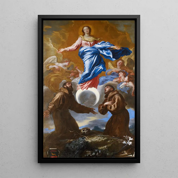 L'Immaculée Conception with Saints Francis of Assisi and Anthony of Padua - Giovanni Benedetto Castiglione — framed artwork on a wall