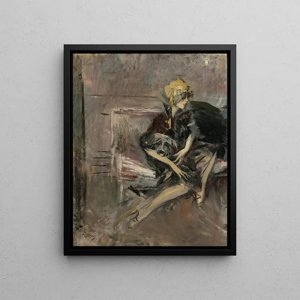 Dame au chapeau jaune avec son chien La Marchesa Casati - Giovanni Boldini — framed artwork on a wall