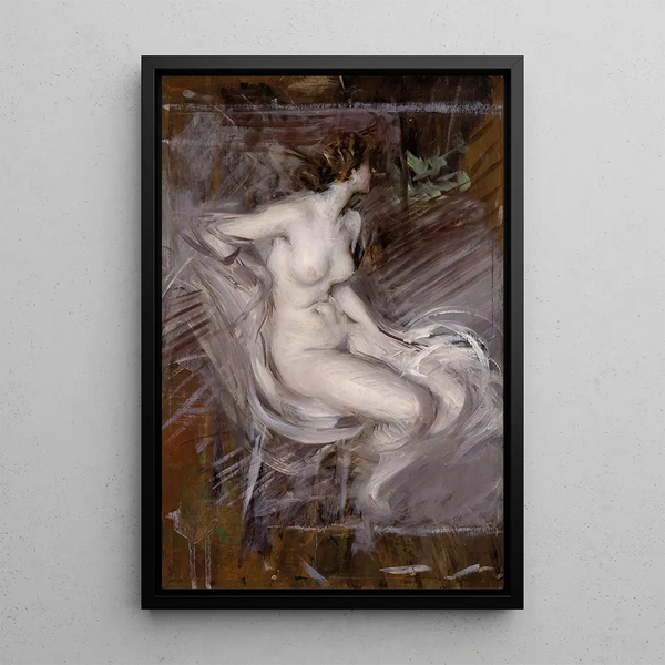 Pearl-colored nude of a seated young girl - Giovanni Boldini — framed artwork on a wall