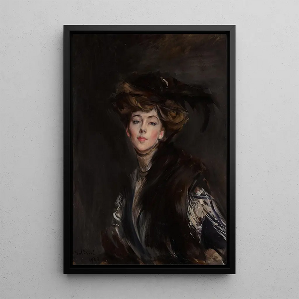 Portrait painting of Mademoiselle Anita Stewart - Giovanni Boldini — framed artwork on a wall