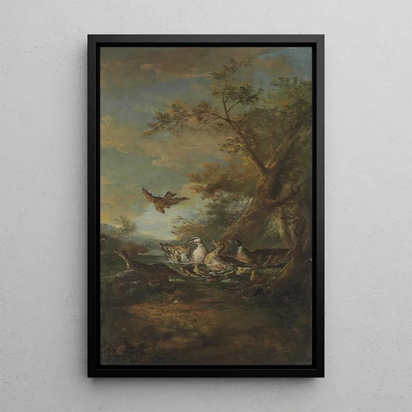 a bird of prey, ducks and ducklings in a landscape - Giovanni Crivelli — framed artwork on a wall