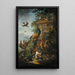 a peacock, roosters, hens, and other birds with a landscape beyond - Giovanni Crivelli — framed artwork on a wall