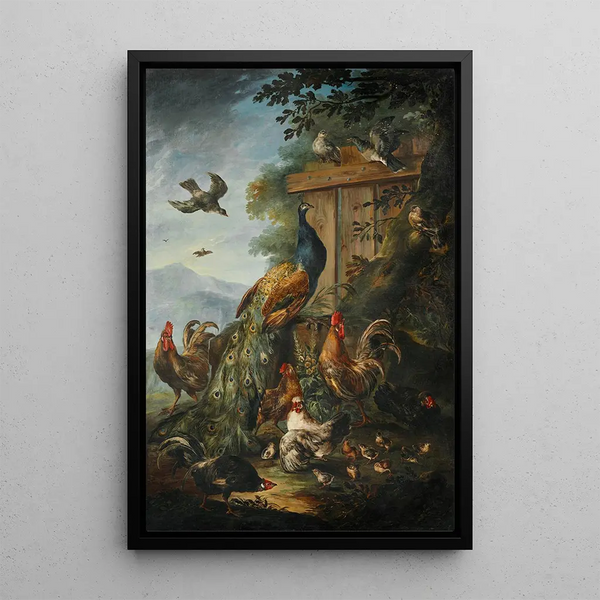 a peacock, roosters, hens, and other birds with a landscape beyond - Giovanni Crivelli — framed artwork on a wall
