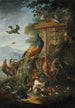 a peacock, roosters, hens, and other birds with a landscape beyond - Giovanni Crivelli — artwork view