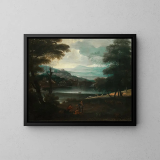Landscape with Shepherds Resting - Giovanni Francesco Grimaldi — framed artwork on a wall