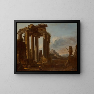 a classic temple in ruins of the Tuscan order with figures - Giovanni Ghisolfi — framed artwork on a wall