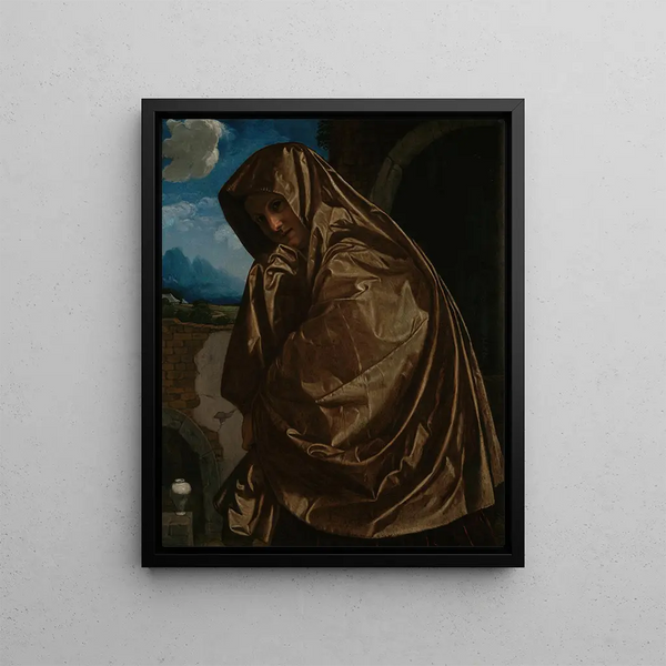 Saint Mary Magdalene at the Sepulchre - Giovanni Girolamo Savoldo — framed artwork on a wall