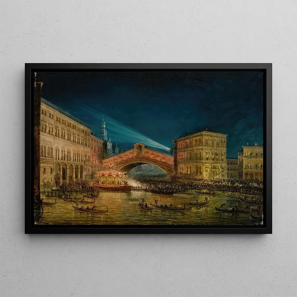 Night view painting of the Rialto during the Redeemer festival - Giovanni Grubacs — framed artwork on a wall