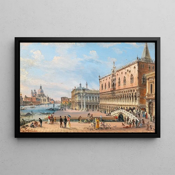 Venice painting, view of the Doge's Palace and Santa Maria della Salute - Giovanni Grubacs — framed artwork on a wall