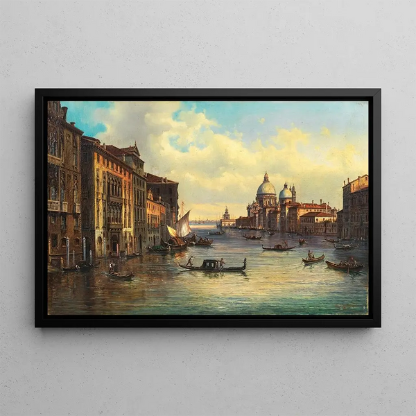 Venice painting, the Grand Canal with Santa Maria della Salute and Punta della Dogana in the distance - Giovanni Grubacs — framed artwork on a wall