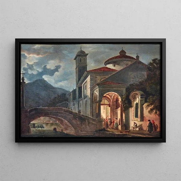 Figures at the entrance of a church - Giovanni Migliara — framed artwork on a wall
