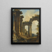 a classical ruins caprice with three men conversing on the steps of a temple - Giovanni Niccolò Servandoni — framed artwork on a wall