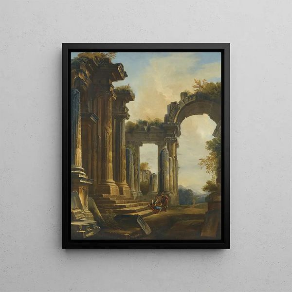 a classical ruins caprice with three men conversing on the steps of a temple - Giovanni Niccolò Servandoni — framed artwork on a wall