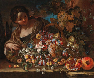 Flowers and fruits on a stone ledge with a young woman - Giovanni Paolo Castelli — artwork view