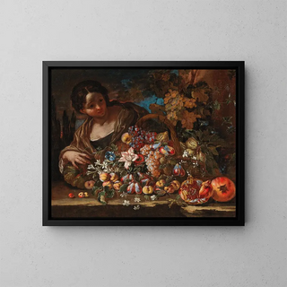 Flowers and fruits on a stone ledge with a young woman - Giovanni Paolo Castelli — framed artwork on a wall