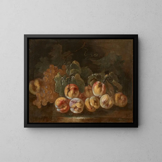 Peaches and grapes on a sideboard - Giovanni Paolo Castelli — framed artwork on a wall
