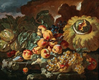 Peaches, apples, plums and cherries on a stone ledge with a pumpkin - Giovanni Paolo Castelli — artwork view