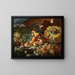 Peaches, apples, plums and cherries on a stone ledge with a pumpkin - Giovanni Paolo Castelli — framed artwork on a wall