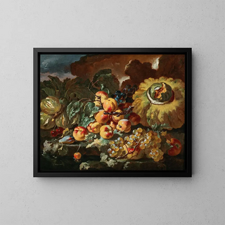 Peaches, apples, plums and cherries on a stone ledge with a pumpkin - Giovanni Paolo Castelli — framed artwork on a wall