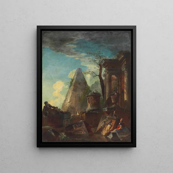 a classical ruins caprice with the Pyramid of Cestius beyond - Giovanni Paolo Panini — framed artwork on a wall