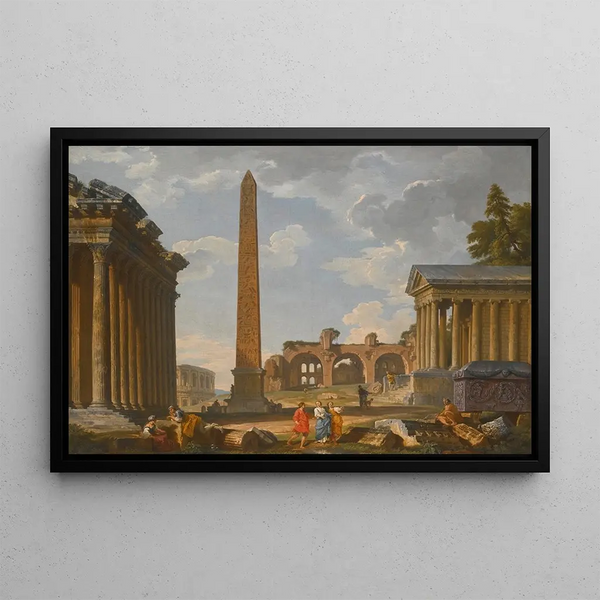 View of the Caprice of Rome with Ancient Ruins and the Flaminian Obelisk - Giovanni Paolo Panini — framed artwork on a wall