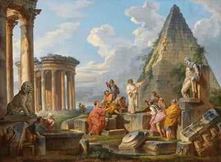 a Caprice with Saint Paul preaching to the Romans with the Temple of Vesta and the Pyramid of Caius Cestius - Giovanni Paolo Panini — artwork view