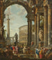 a classic caprice with the Trajan's Column of the Colosseum and the Farnese Hercules with the Philosopher - Giovanni Paolo Panini — artwork view