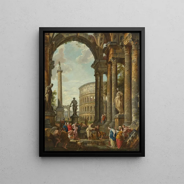 a classic caprice with the Trajan's Column of the Colosseum and the Farnese Hercules with the Philosopher - Giovanni Paolo Panini — framed artwork on a wall