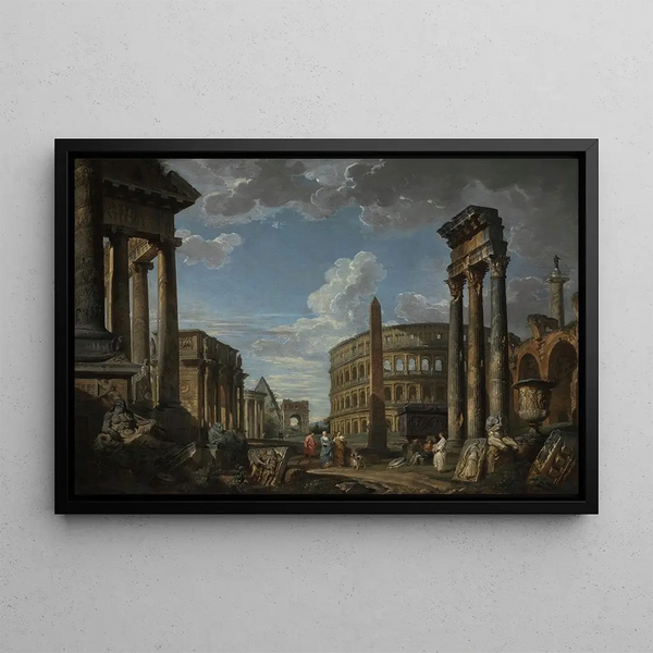 An architectural caprice with figures among Roman ruins - Giovanni Paolo Panini — framed artwork on a wall