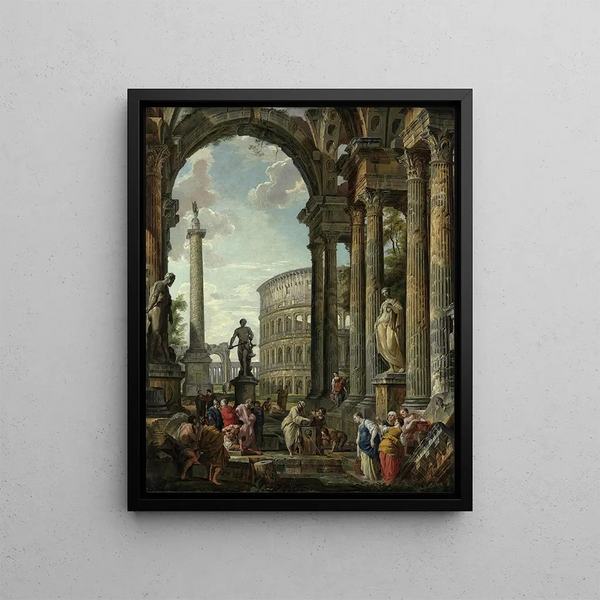 an architectural caprice with the philosopher Diogenes and other characters - Giovanni Paolo Panini — framed artwork on a wall