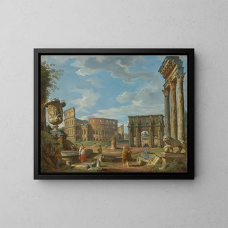Caprice sur les monuments romains avec le Colisée et l'arc de Constantin - Giovanni Paolo Panini — framed artwork on a wall