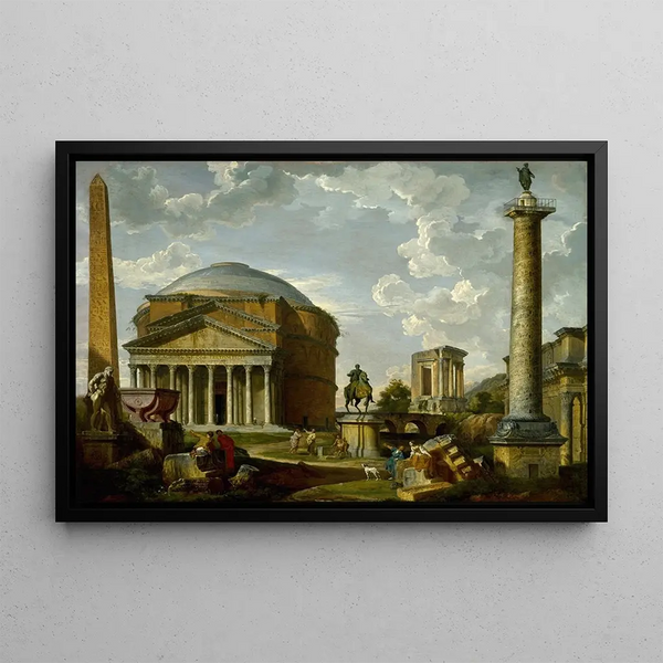 Vue fantastique avec le Panthéon et d'autres monuments de la Rome antique - Giovanni Paolo Panini — framed artwork on a wall