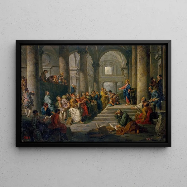Les Grecs chez les docteurs - Giovanni Paolo Panini — framed artwork on a wall