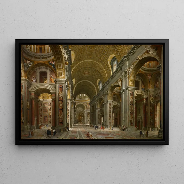 Interior of Saint Peter's Basilica in Rome - Giovanni Paolo Panini — framed artwork on a wall