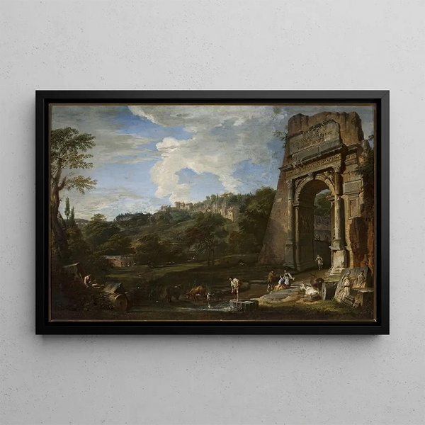 Landscape Painting with the Arch of Titus - Giovanni Paolo Panini — framed artwork on a wall