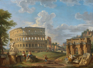 Landscape Painting with the Colosseum and the Arch of Constantine in Rome - Giovanni Paolo Panini — artwork view