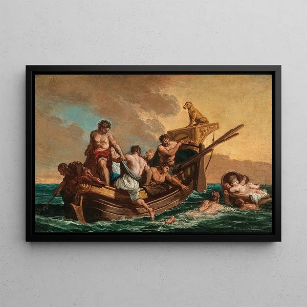 Sailors rescuing a young boy adrift at sea in a basket - Giovanni Paolo Panini — framed artwork on a wall