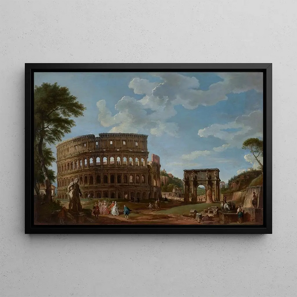 View of the Colosseum and the Arch of Constantine - Giovanni Paolo Panini — framed artwork on a wall