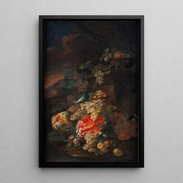 a Fruit Still Life with a Landscape in the Background - Giovanni Paolo Spadino — framed artwork on a wall