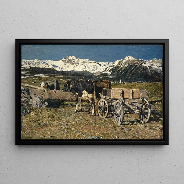 À l'abreuvoir, vaches à la joug - Giovanni Segantini — framed artwork on a wall