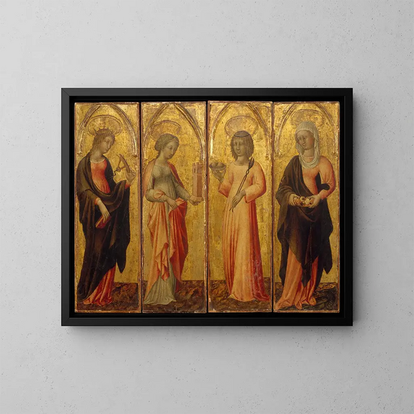 Saint Catherine of Alexandria, Saint Barbara, Saint Agatha, and Saint Margaret - Giovanni di Paolo — framed artwork on a wall