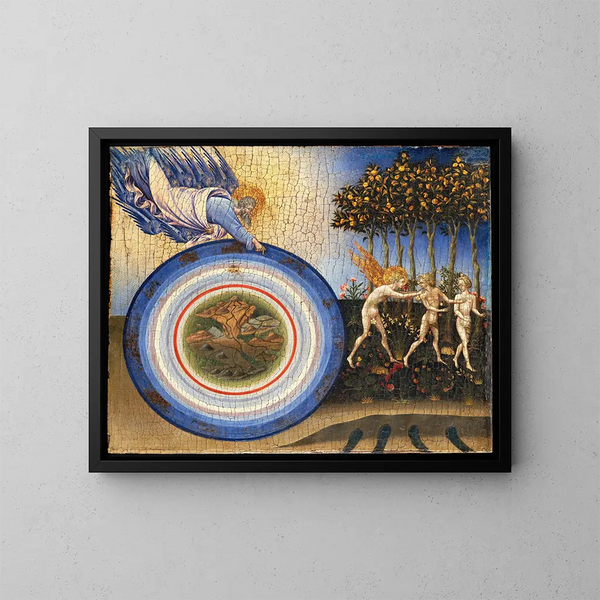 La Création du monde et l'Expulsion du paradis - Giovanni di Paolo — framed artwork on a wall