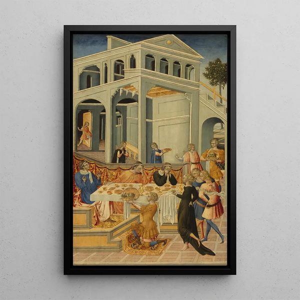 The Head of Saint John the Baptist Presented Before Herod - Giovanni di Paolo — framed artwork on a wall