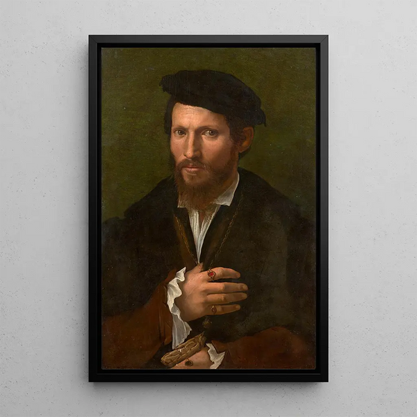 Portrait of a man with a black hat and gloves - Girolamo da Carpi — framed artwork on a wall