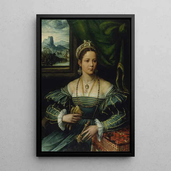 Portrait of a lady - Girolamo da Carpi — framed artwork on a wall