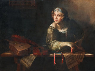 an allegorical painting with musical instruments and sheet music - Girolamo Scaglia — artwork view