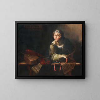 an allegorical painting with musical instruments and sheet music - Girolamo Scaglia — framed artwork on a wall